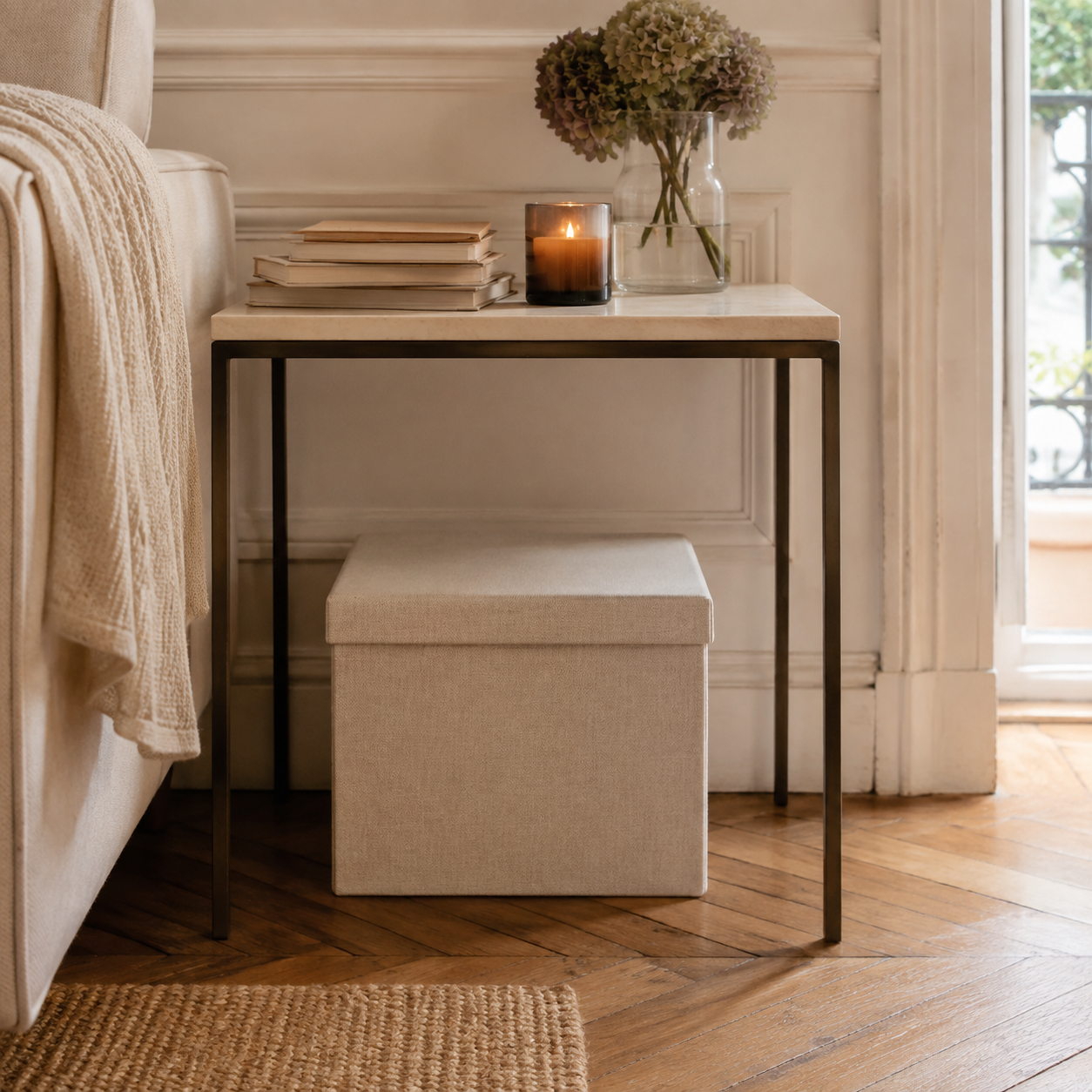 Boîte de rangement tissu beige avec couvercle