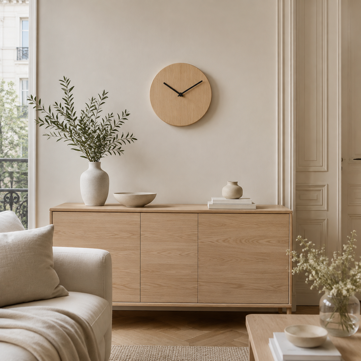 Horloge murale silencieuse en bois clair, 30 cm