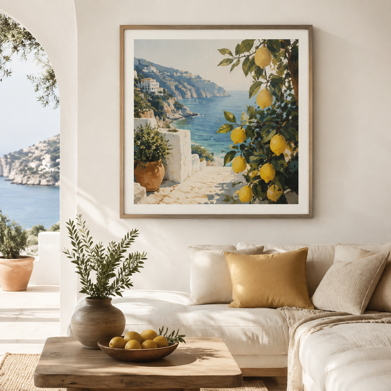 Affiche murale fenêtre sur mer et citrons, style peinture paysage méditerranéen, 30 x 40 cm
