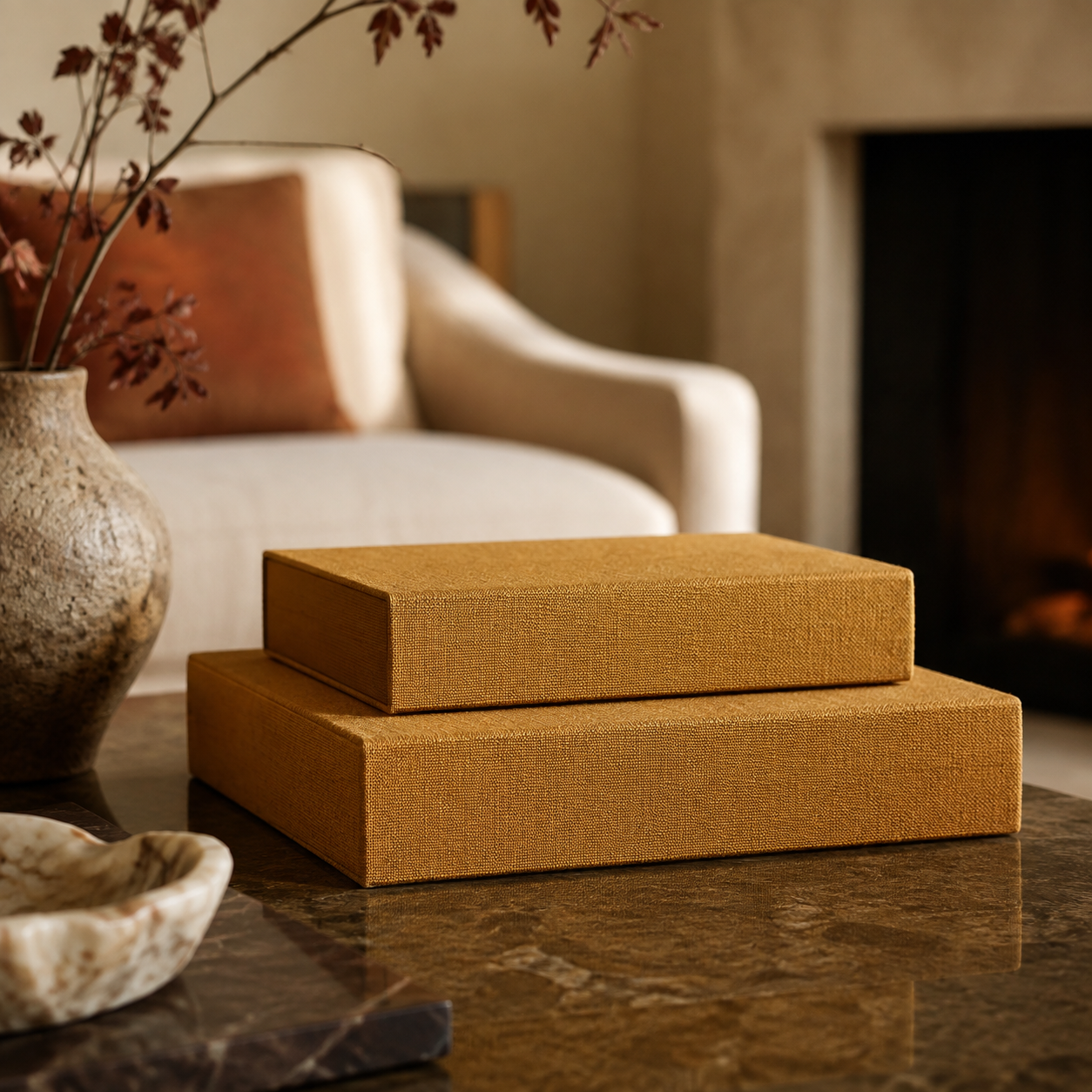 Couvre-livre décoratif en lin ocre