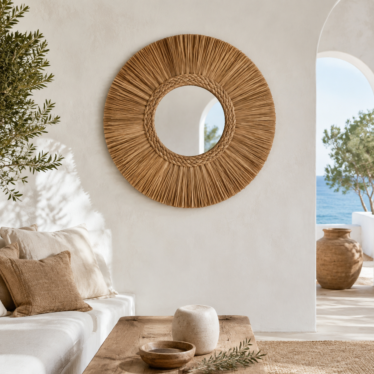 Déko and CO Miroir mural décoratif en cannage de rotin, rond, 37 x 37 cm