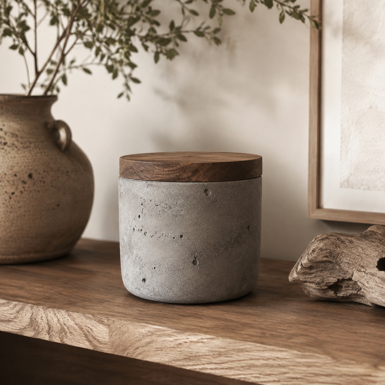 Bougie décorative en béton rustique avec couvercle en bois