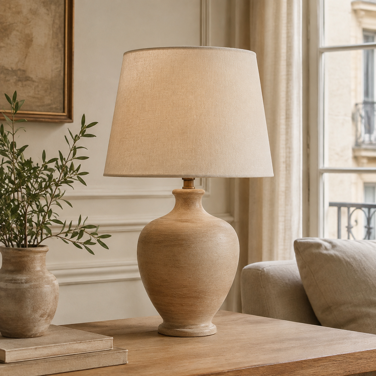 Lot de 2 lampes de table, pied en bois, abat-jour en lin