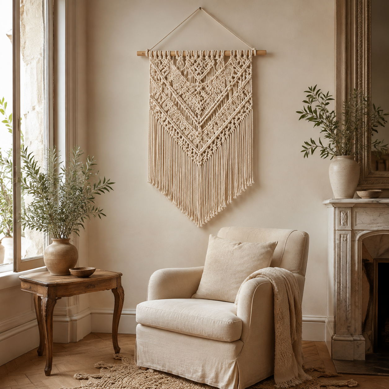 Grande tenture murale en macramé bohème, 150 cm, tissée main, blanc