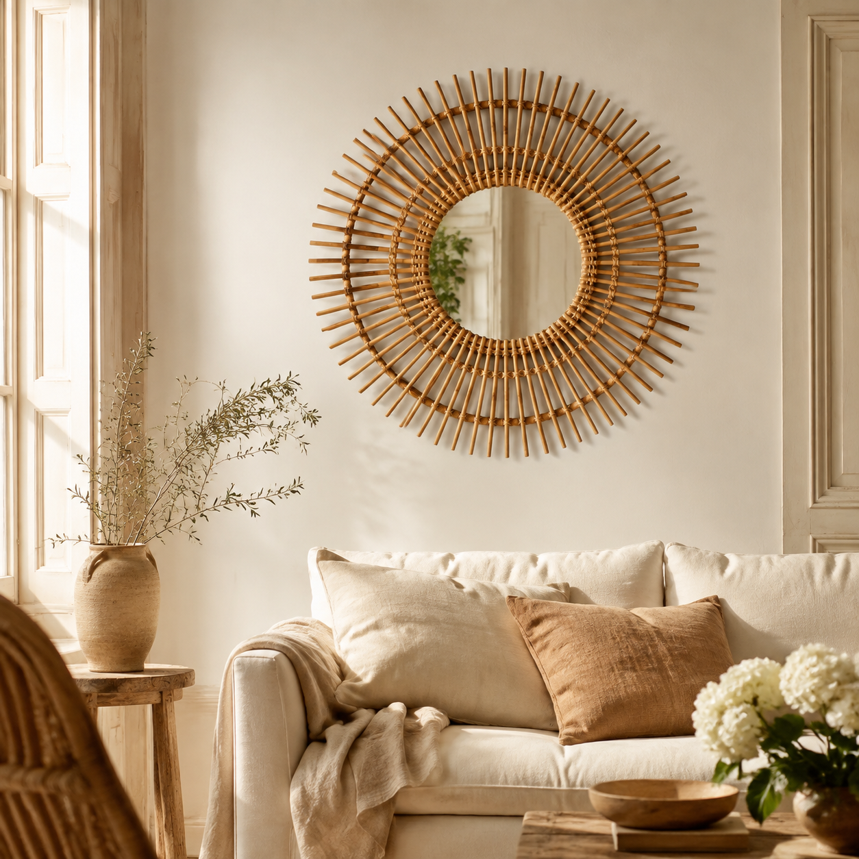 Miroir mural décoratif en cannage de rotin, rond, 37 x 37 cm