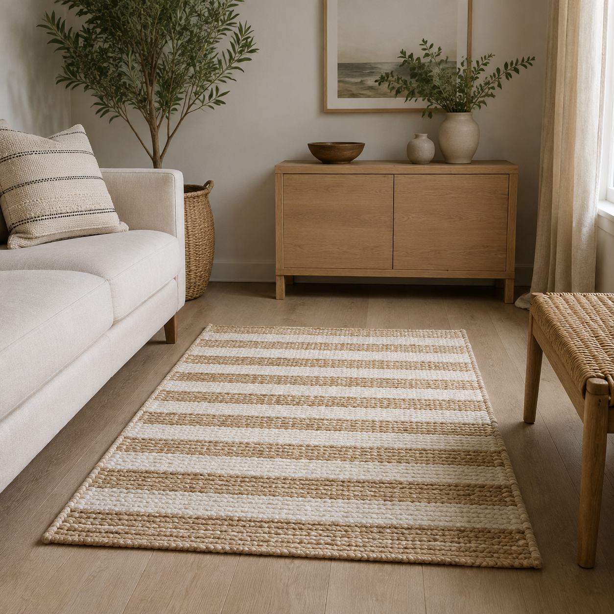 Petit tapis coton naturel et jute, rayures beige/blanc, 60 x 90 cm