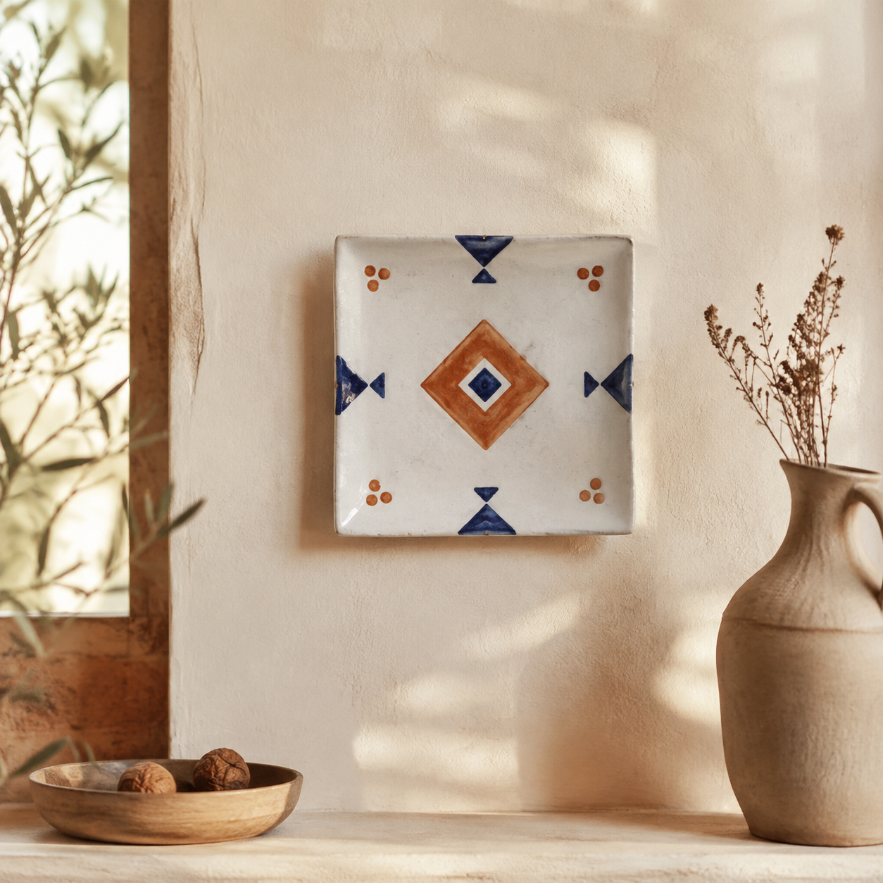Assiette décorative murale en céramique faite main, décoration méditerranéenne, 21 x 21 x 2,5 cm