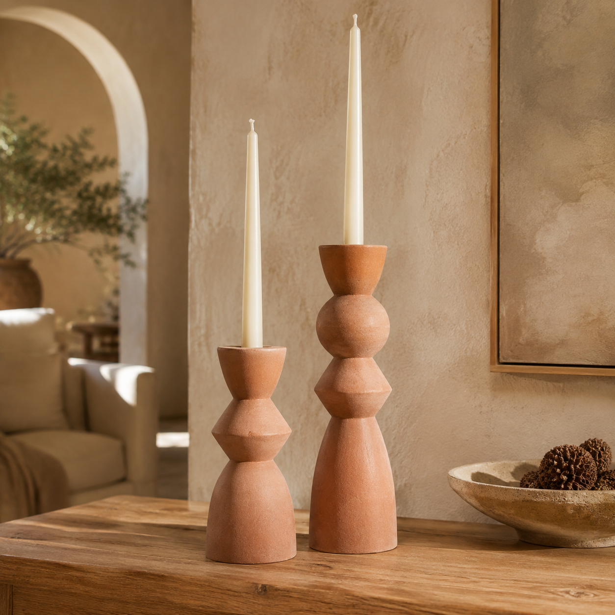 Main + Mesa Lot de 2 bougeoirs décoratifs en céramique grès