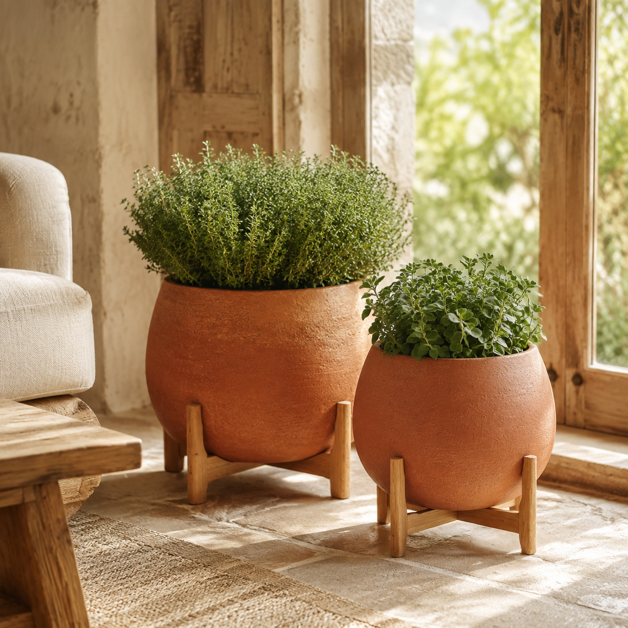 AUBRY GASPARD Cache-pots ronds sur pieds en bois, lot de 2